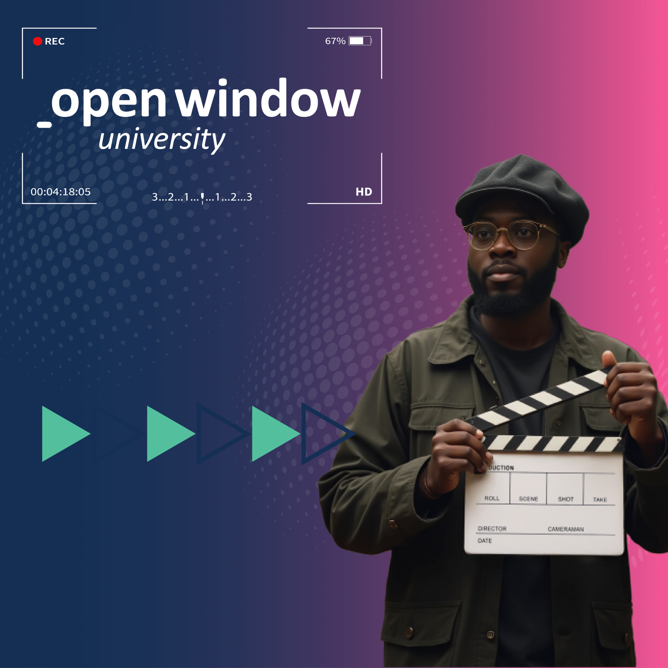 Person holding a clapperboard in front of a dark blue to magenta gradient background with digital recording overlays, evoking a film set atmosphere. Promotional graphic for Open Window University’s Film course—$32 for 10 hours, 1 credit—focused on cinematic storytelling, lighting setups, and shot composition. Students recreate iconic scenes using DaVinci Resolve or any preferred editing software.