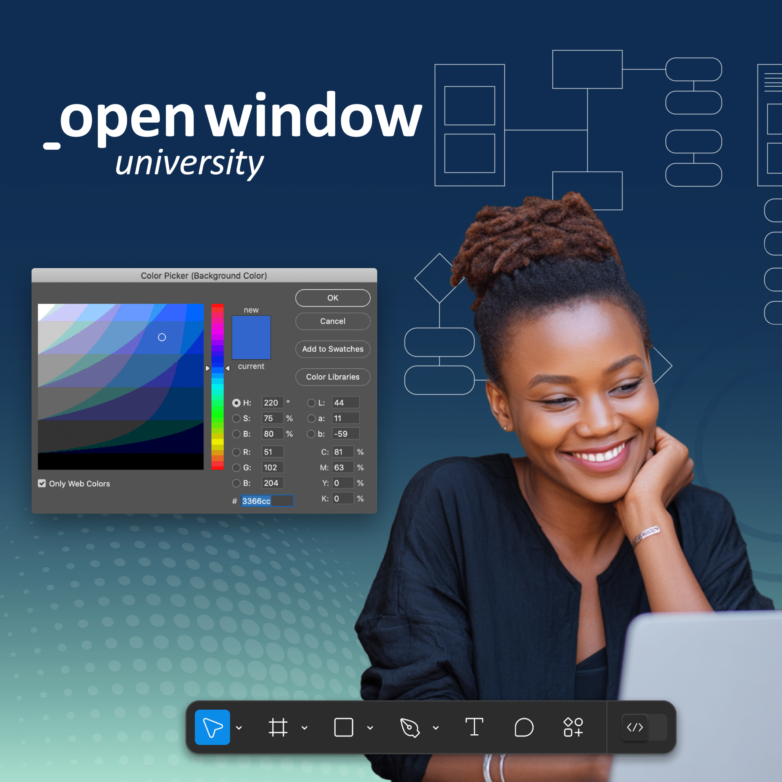 Smiling student with braided hair working on a laptop, set against a dark blue to teal gradient with abstract digital design elements. Promotional graphic for Open Window University’s Interactive Media course—$32 for 10 hours, 1 credit—focused on mobile interaction and interface design. Includes tools like a color picker and design toolbar, highlighting Adobe Illustrator as the primary software.