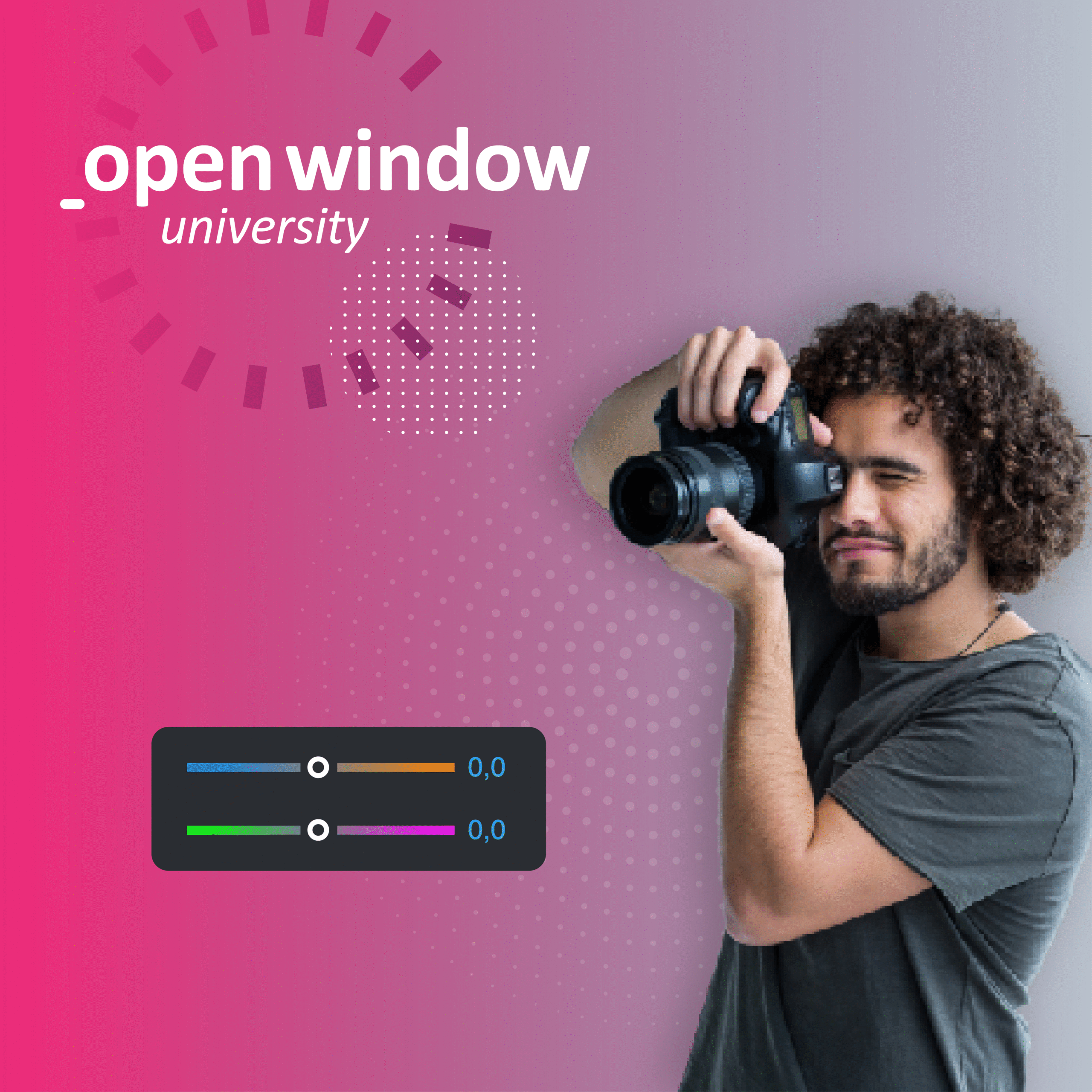 Student with curly hair holding a professional camera, set against a vibrant pink-purple gradient with graphic design elements. Promotional image for Open Window University’s Photography short course—$32 for 10 hours, 1 credit—focused on mastering natural light, mood, and composition through still life projects using Adobe Photoshop or preferred software.